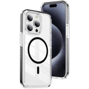 Imagem de LEMAXELERS Capa magnética para iPhone 15 Pro, compatível com Magsafe de grau militar, à prova de choque, antiamarelamento, capa de telefone fina transparente para iPhone 15 Pro 6,1 polegadas, preta JW