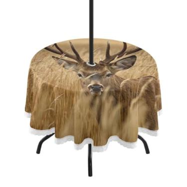 Imagem de Qilmy Toalha de mesa redonda impermeável Wheat Field Deer 152 cm com orifício para guarda-chuva e zíper – uso externo / interno resistente para pátio, churrascos, piqueniques, festas (serve para mesas