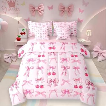 Imagem de Conjunto de cama King com laço rosa cereja em uma bolsa, 7 peças, lindo conjunto de cama com laço de fita de seda, gravata borboleta e lençol kawaii, feminino, rosa claro, estética