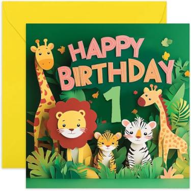 Imagem de Cartões de aniversário de 1º aniversário para meninos e meninas - Cartões de aniversário com tema de selva safári para crianças de 1 ano - Presentes de feliz aniversário para filho, filha, neto, neta