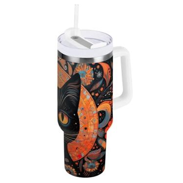 Imagem de Copo de viagem grande isolado com canudo e alça, copo à prova de derramamento de mandala preta com canudo