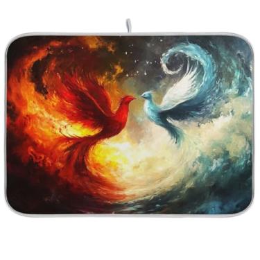Imagem de Escorredor de pratos Phoenix Dragon Fire Blue para balcão de cozinha, 40,6 x 45,7 cm, tapete de escorredor de pratos de secagem rápida, protetor de bancada de cozinha