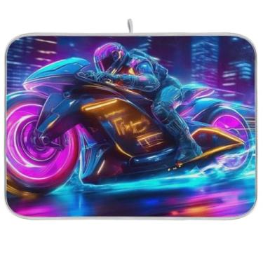 Imagem de Tapete de secagem de pratos azul neon para motocicleta, 40,6 x 45,7 cm, tapete absorvente de café, tapete de bancada de cozinha