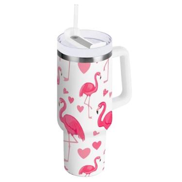 Imagem de ODAWA Copo de água grande Flamingo Hearts com canudo e alça, copo isolado a vácuo com tampa 2 em 1