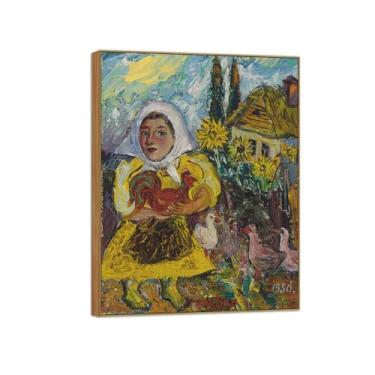 Imagem de BMZFYBS David Burliuk Famosas impressões em tela de arte de parede prontas para pendurar. Menina com galo. Pintura de moldura de madeira para decoração de sala de estar 40 x 50 cm 16 x 20 pol