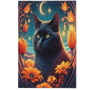 Imagem de Quebra-cabeça adulto 500 peças flores de gato preto família quebra-cabeças presentes arte divertida quebra-cabeças adultos família jogo decoração de casa, 500 peças, 52 cm x 37,8 cm