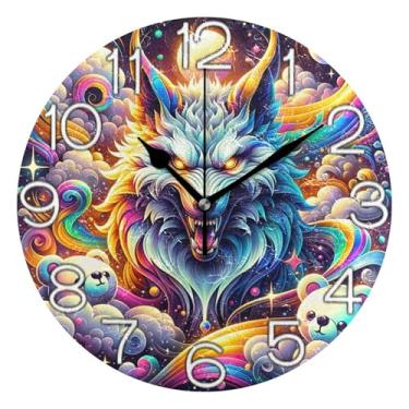 Imagem de Relógio de parede analógico decorativo operado por bateria silencioso para quarto e cozinha, decoração de parede de meados do século, galáxia de leão brincalhão colorido, 25 cm, ponteiros dourados
