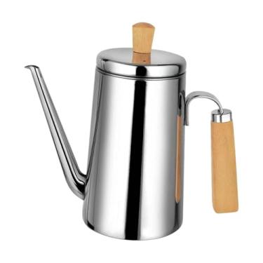 Imagem de KiBcsLic Dispensador de óleo em aço inoxidável, recipiente para armazenamento de óleo com bico longo e estreito e alça, multiuso para churrasco, uso doméstico, 700ml Cabo de Madeira