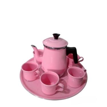 Imagem de Kit jogo de bule com 6 xícaras e bandeja café chá alumínio retro prêmio(Rosa claro)