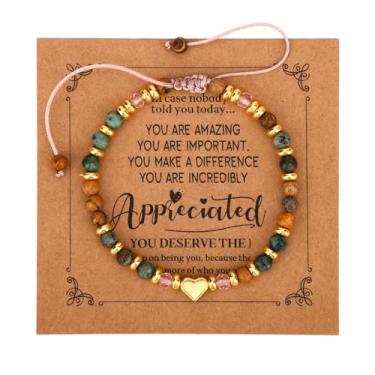 Imagem de Presentes Inspiradores para Mulheres, Pulseiras com Pingente de Coração em Pedra Natural e Cartão Motivacional Pulseira da Amizade Ideal para Presentear Amigas Irmãs