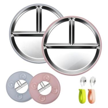 Imagem de Conjunto de Pratos Infantis com Ventosa, 2 Peças em Aço Inoxidável, com Capa de Silicone Removível, Garfos e Colheres, Cinza e Rosa Escuro