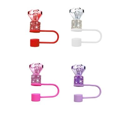 Imagem de 4 peças de topo de palha de diamante brilhante, rosa, vermelho, roxo, branco, tampas de palha de silicone compatíveis com copos Stanley de 850 g 1,134 g, tampa de canudos reutilizáveis de strass