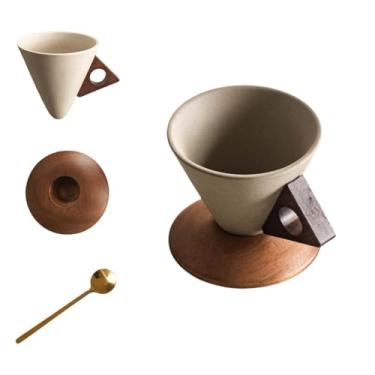 Imagem de 250 ml - Caneca de café de cerâmica retrô, conjunto de xícaras de café de cone criativo para mulheres elegante pequeno - Cabo e porta-copos de madeira maciça - Adequado para uso em casa, restaurante