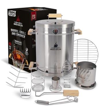 Imagem de Smoked Grillers Combo Barrel Smoker Grill | Barril 100% de aço inoxidável | 95% menos fumaça, calor uniforme | Fácil de usar e limpar - Defumador vertical ideal para varandas e quintais (Médio-11,3 kg