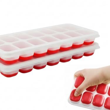 Imagem de Forma de Gelo Premium com Tampa, Kit 2 Unidades, 14 Cavidades em Silicone Flexível, Fácil Remoção, Design Antiderrapante, Branco e Vermelho.