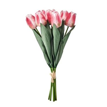 Imagem de Mikasa Flores artificiais de tulipas falsas, hastes de tulipa rosa e verde com vegetação, conjunto de 7 flores de seda de plástico realistas, buquê de tulipas falsas para vaso de decoração de casa