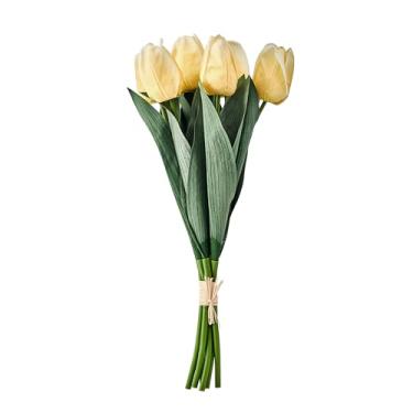 Imagem de Mikasa Flores artificiais de tulipas falsas, hastes de tulipas amarelas claras com vegetação, conjunto de 7 flores de seda de plástico realistas, buquê de tulipas falsas para vaso de decoração de casa