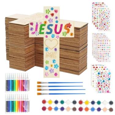 Imagem de LECEHIVO 40 Pieces Wood Cross Crafts with Stickers Watercolor Pens Acrylic Paint and Paint Brushes DIY Wooden Cross for School Kids Christian Jesus Bible Sunday Vacation Crafts Supplies