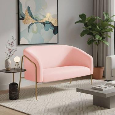 Imagem de Sofá 2 Lugares Namoradeira Stella Base Industrial Alta Dourada Suede D03 - D`rossi Rosa Bebê