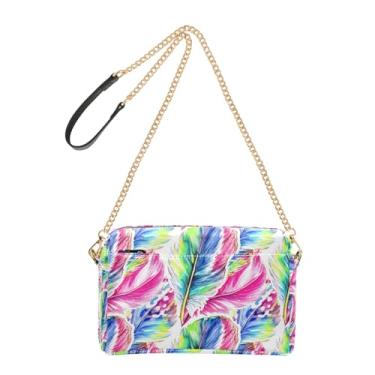 Imagem de Joitme Bolsa feminina tiracolo bolsa para celular linda bolsa de ombro de couro PU com alça de corrente estampa de penas coloridas