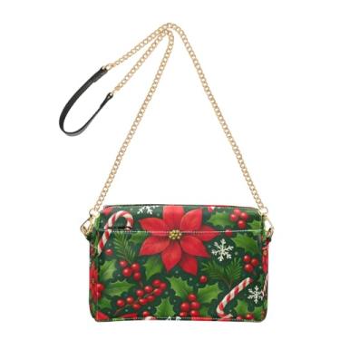 Imagem de Joitme Bolsa de ombro feminina de Natal com flores de poinsétia vermelha, bolsa de ombro de couro PU com alça de corrente, bolsa de telefone fofa