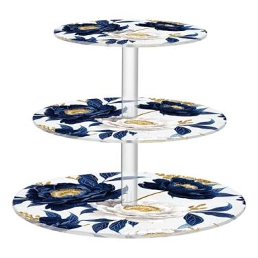 Imagem de Suporte floral azul marinho branco peônias chá festa cupcake 3 camadas copo redondo acrílico bolo torre decoração de mesa bandeja de servir comida suprimentos festa exibição formatura