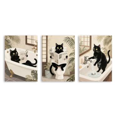 Imagem de Arte de parede em tela de gato preto engraçado na banheira gato fofo lavar suas patas lendo pôster de jornal banheiro impressões animais decoração de parede (SKU4-3PCS, 40.6x50.8 cm = (40x50 cm), sem