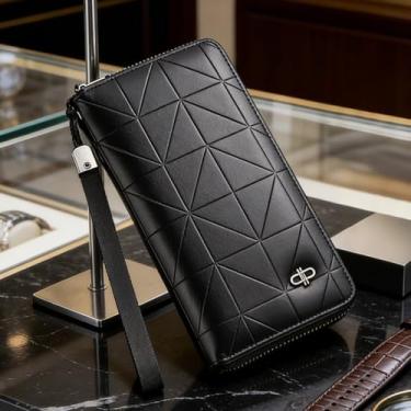Imagem de Carteira masculina, bolsa de couro longa com zíper, organizador de grande capacidade para telefone, cartões, dinheiro com bloqueio RFID e design fino (preto)