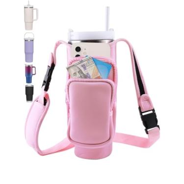 Imagem de Suporte para garrafa de água de neoprene com bolso para telefone e fivela de plástico – alça ajustável para copos Stanley de 30/1,134 g, acessórios para copo com zíper duplo, rosa