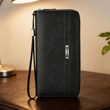 Imagem de Carteira masculina moderna preta de couro PU com listras abertas e resistente à água, design moderno preto curto aberto com padrão listrado couro PU e tratamento resistente à água