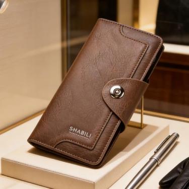 Imagem de Carteira masculina, fecho magnético, bolsa de couro longo ultrafina com parte superior aberta, vários compartimentos para cartão e bloqueio RFID, organizador elegante (marrom claro)