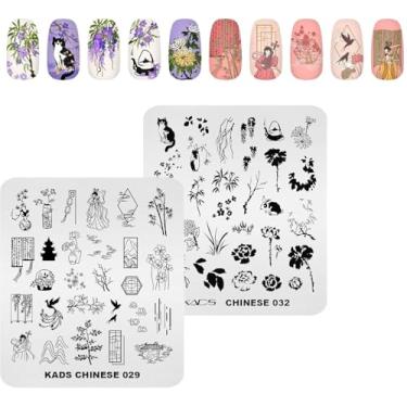 Imagem de KADS Conjunto de carimbos de placas de estampagem de unhas estilo chinês 2 modelos de carimbos + 1 carimbo de silicone (beleza e gato)