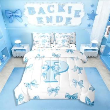 Imagem de Erosebridal Jogo de cama de casal com letra P com letra P, para crianças, adolescentes, laço azul, 7 peças, exclusivo, chique, laço alfabético, P, conjunto de edredom com lençol kawaii