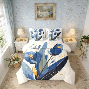Imagem de Erosebridal Conjunto de edredom floral azul com 7 peças, solteiro, para meninas, azul e bege, para quarto de crianças, adolescentes, adultos, mulheres, moderno, minimalista, em um saco, ramos de