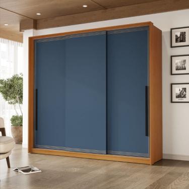 Imagem de Guarda Roupa Roupeiro 3 portas de correr 4 gavetas Valência Freijó Azul Politorno Móveis