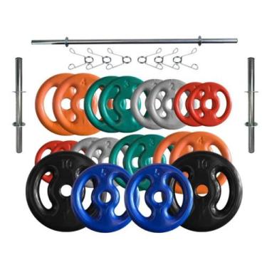Imagem de Kit Anilhas Emborrachadas 70 Kg + Barras com Presilhas - BOX INGÁ