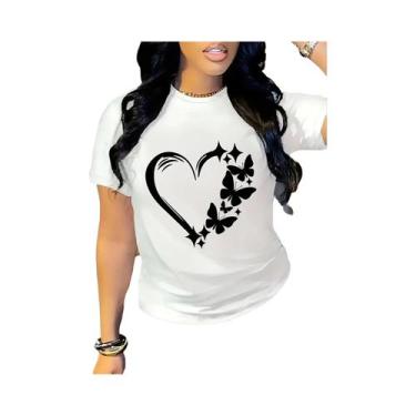 Imagem de Camiseta Feminina Casual Com Estampa Vibrante De Borboleta E Coração, 