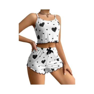 Imagem de Conjunto De Pijamas Femininos Brancos 2 PCS Top Curto E Shorts S M L C