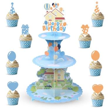 Imagem de Zopeal Suporte de cupcake azul com 24 peças de topo de cupcake, suporte azul para bolo de aniversário, tema de desenho animado, torre de sobremesa, para chá de bebê, decorações de festa de aniversário