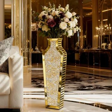 Imagem de SHYFOY Vaso de piso espelhado dourado de 67,5 cm com incrustação de diamante triturado, vaso decorativo alto moderno para flores secas e grama dos pampas, decoração de casa com detalhes glamorosos e