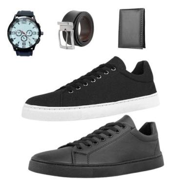 Imagem de Kit 2 Tênis Preto e BrancoPreto + Carteira + Relógio + Cinto - Nshoes,