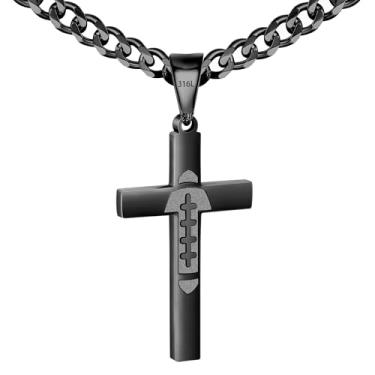 Imagem de Avotto Colar de aço inoxidável 316L com cruz de beisebol/futebol/futebol para homens, meninos, prata, ouro, preto, masculino, 5 mm, corrente cubana resistente que não desbota com pingente de cruz 45