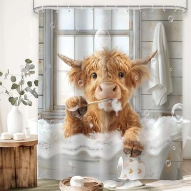 Imagem de Omifly Cortina de chuveiro engraçada de vaca Highland 152 cm L x 182 cm A rústica fazenda animal touro animal bezerro em banheira de bolhas escovar os dentes ocidentais com 12 ganchos de plástico