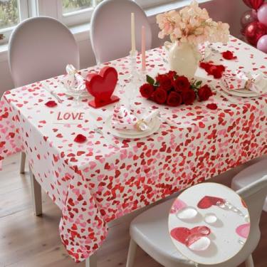 Imagem de MATIRUG Toalha de mesa retangular para Dia dos Namorados, 132 x 187 cm, toalha de mesa lavável com coração de amor, tecido de mesa à prova d'água vermelho e rosa para casamento, aniversário, cozinha