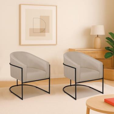Imagem de Kit 2 Poltronas Decorativa Jade Moderno Escritório Confortável Luxo Base De Ferro Preto Linho Cor Bege