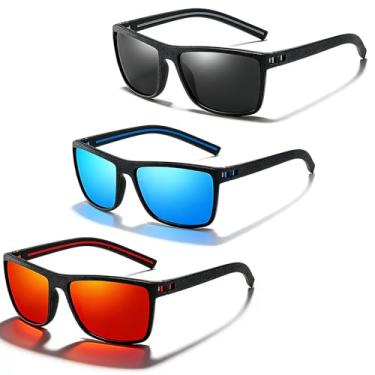 Imagem de Pacote com 3 óculos de sol masculinos polarizados, proteção UV, armação quadrada, óculos de sol foscos clássicos para homens e mulheres, Cinza/azul/vermelho - 3 peças