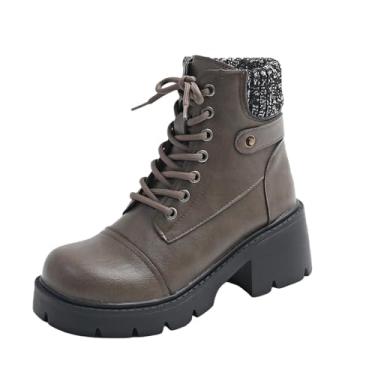 Imagem de Botas femininas modernas de bico quadrado com cadarço e fundo grosso, estilo outono inverno, Café, 35