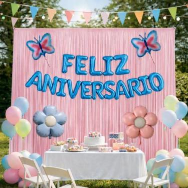 Imagem de Kit Decoração Feliz Aniversário c/ 3 Cortinas metalizadas 1x2m e 4 Bal