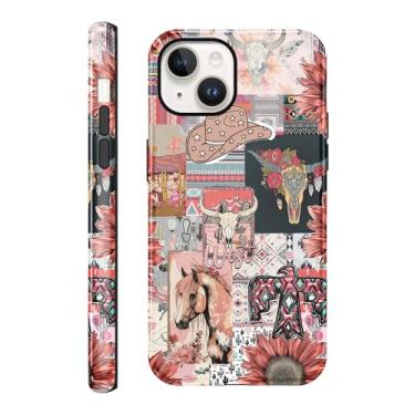 Imagem de Vulfwela Capa de telefone para iPhone 14 Plus de 6,7 polegadas Western Boho Collage, 2 em 1, vintage, rosa, chapéu de caubói cavalos, cabeça de touro, floral, capa de telefone Country West à prova de