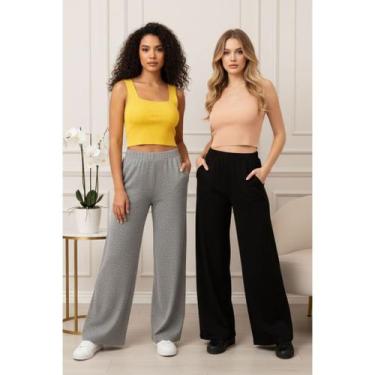 Imagem de Kit 2 Calças Feminina Pantalona Malha Viscose Zipituka Preto e Cinza -
